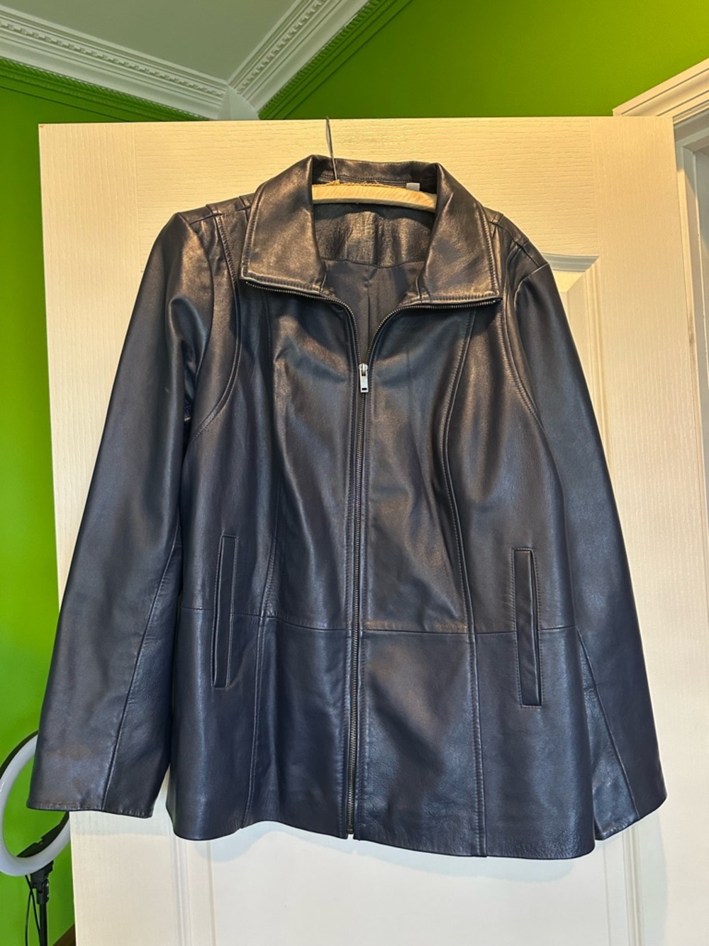 Classic Navy Leather Plus Size Zip Front Jacket